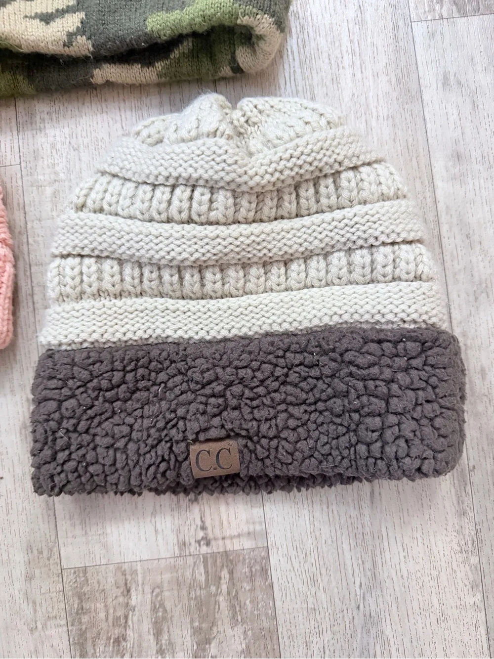 C.C Kids Cream Knit Beanie with Gray Sherpa Cuff Patch